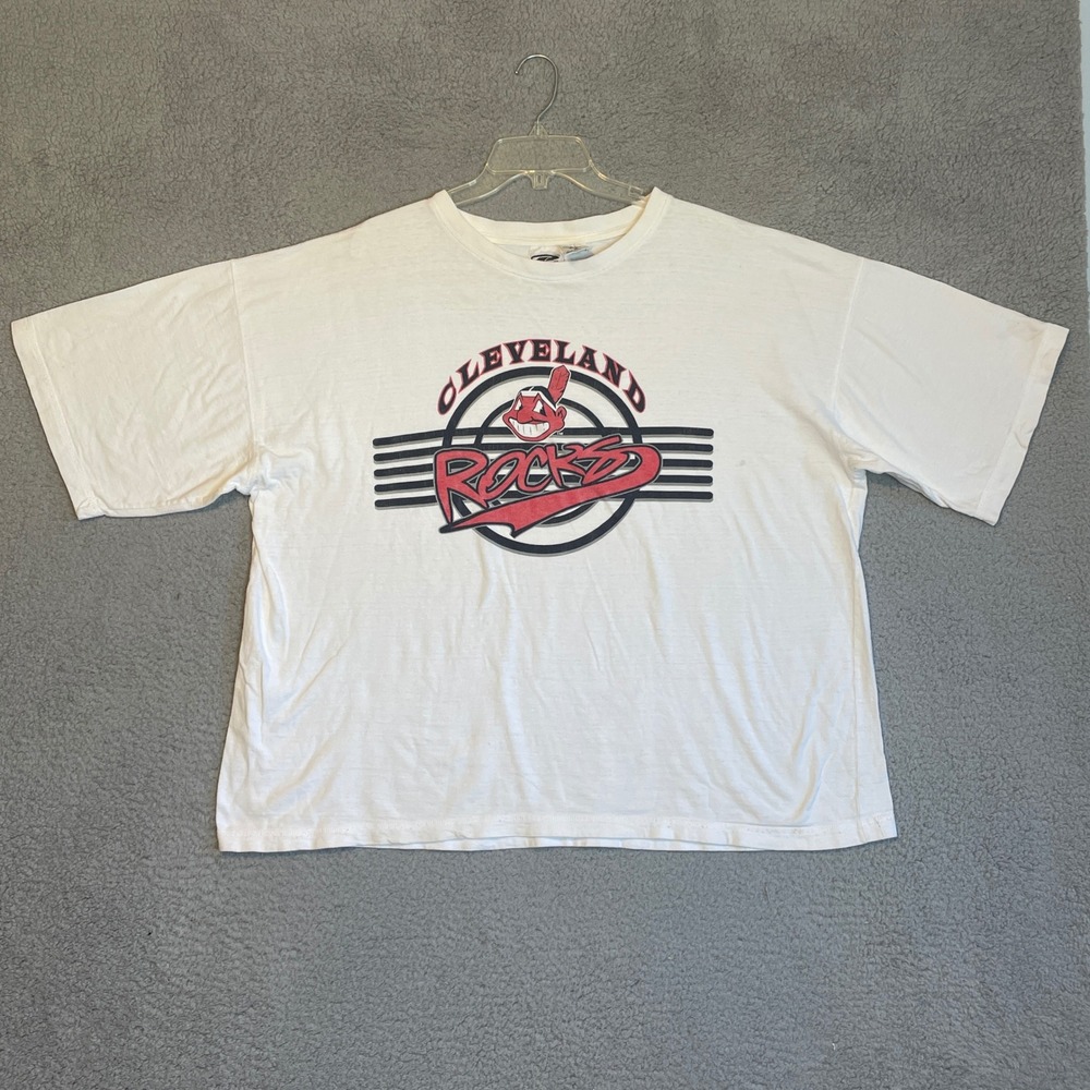 Vintage Cleveland Rocks Indians T-Shirt Graphic Tee 2XL White MLB - Picture 1 of 9